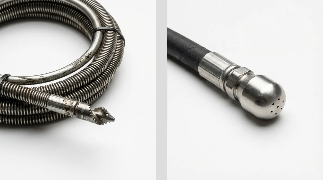 Drain snake cable and hydro jetting nozzle used for drain cleaning in Rolla, ND