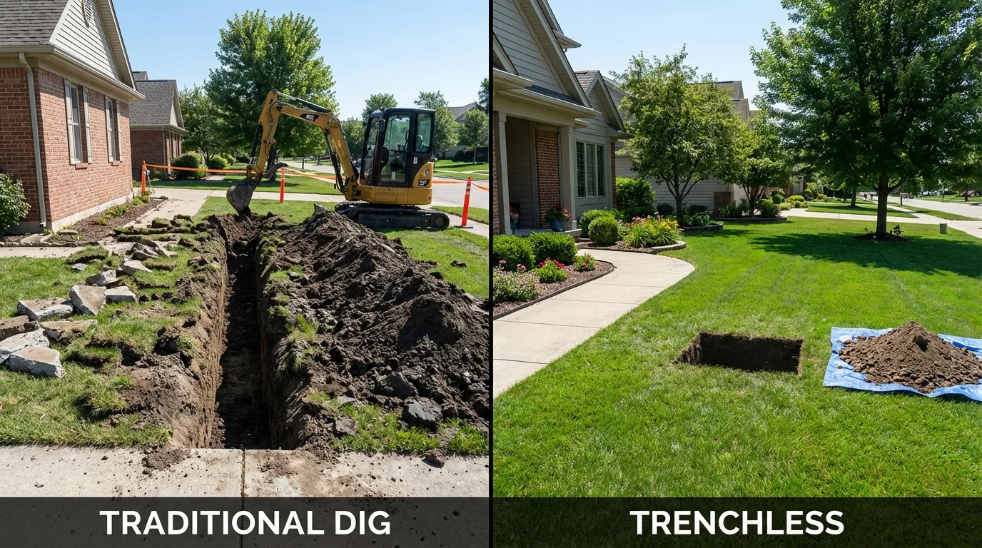 Trenchless sewer repair with minimal yard damage versus traditional excavation in Rolla, ND