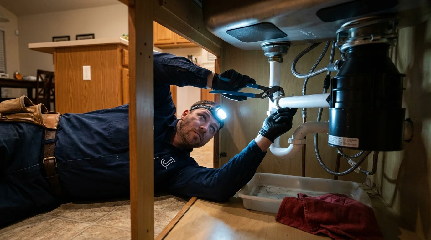 P-trap and supply line connections under a kitchen sink showing a common leak point in Rolla, ND
